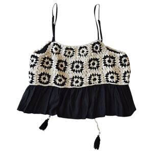 Lucky Brand Crochet Boho Tank Top Black & Cream – Size Large